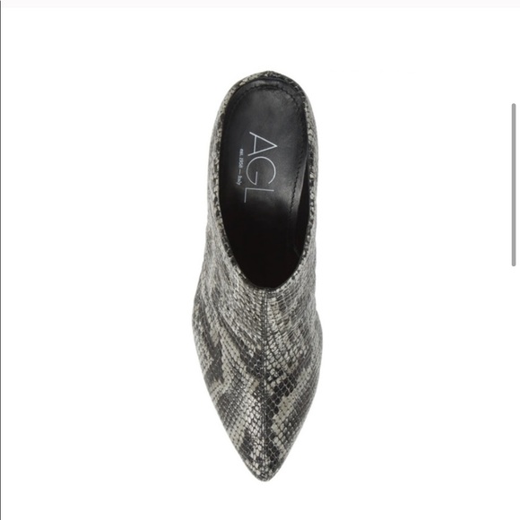 NEW • AGL • Pointy Toe Snake Print Leather Slip On Mule 38 / 8 Gray Black - Picture 2 of 5